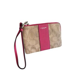 Coach Beige Signature Canvas Wristlet with Pink Stripe